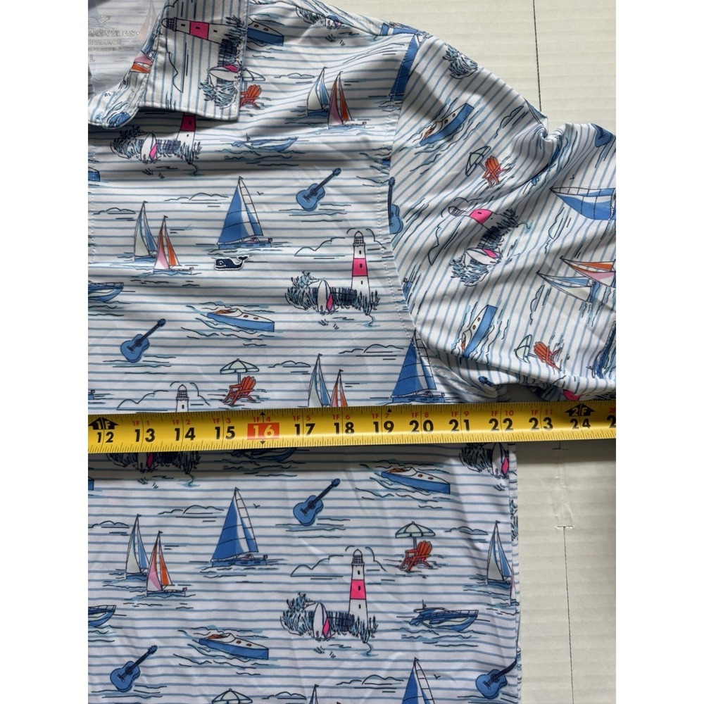 Vineyard Vines Performance Polo Mens L White Blue Sailboat Print Whale Logo Golf - Picture 5 of 6